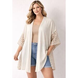 Krazy Kat Lace Kimono Cardigan XXL Beige Boho Open Front Crochet Trim Light New
